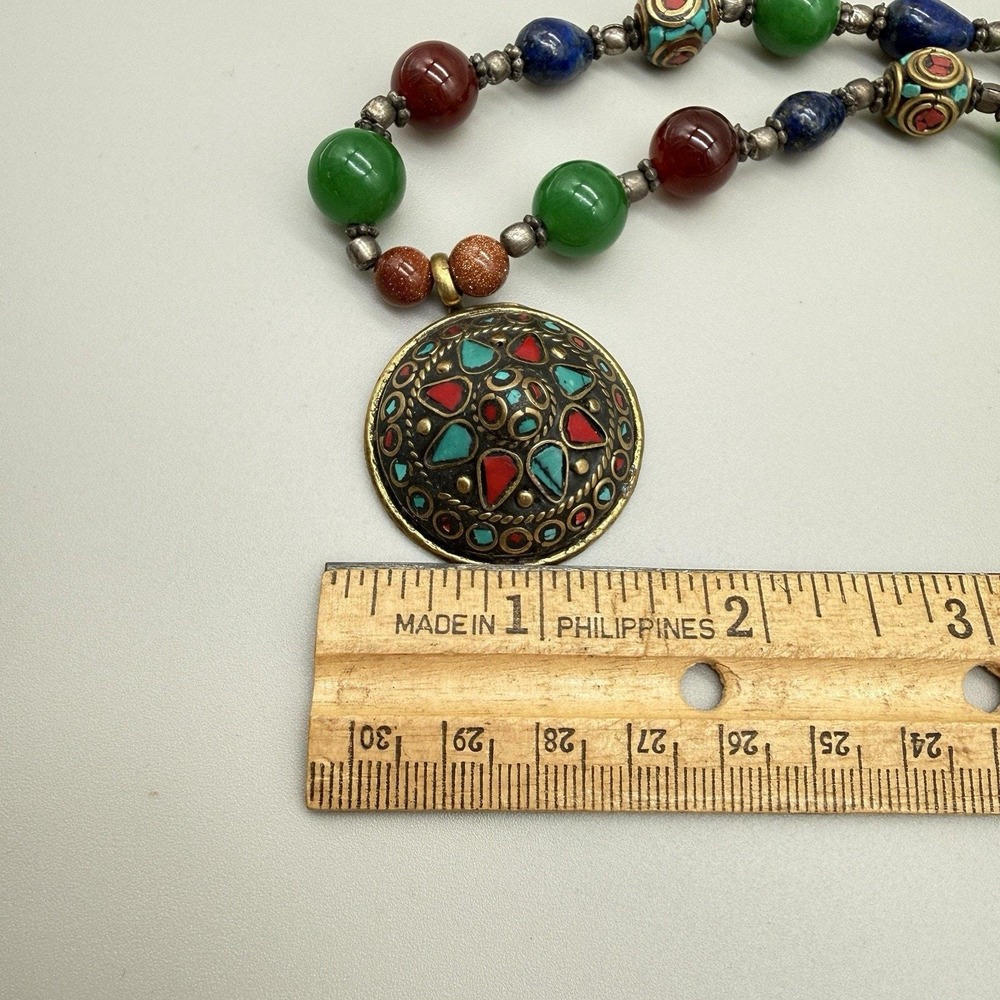 Tibetan Inlay Dome Pendant Necklace Boho Mixed Glass/Semi Precious Beads & Stone - Picture 14 of 16